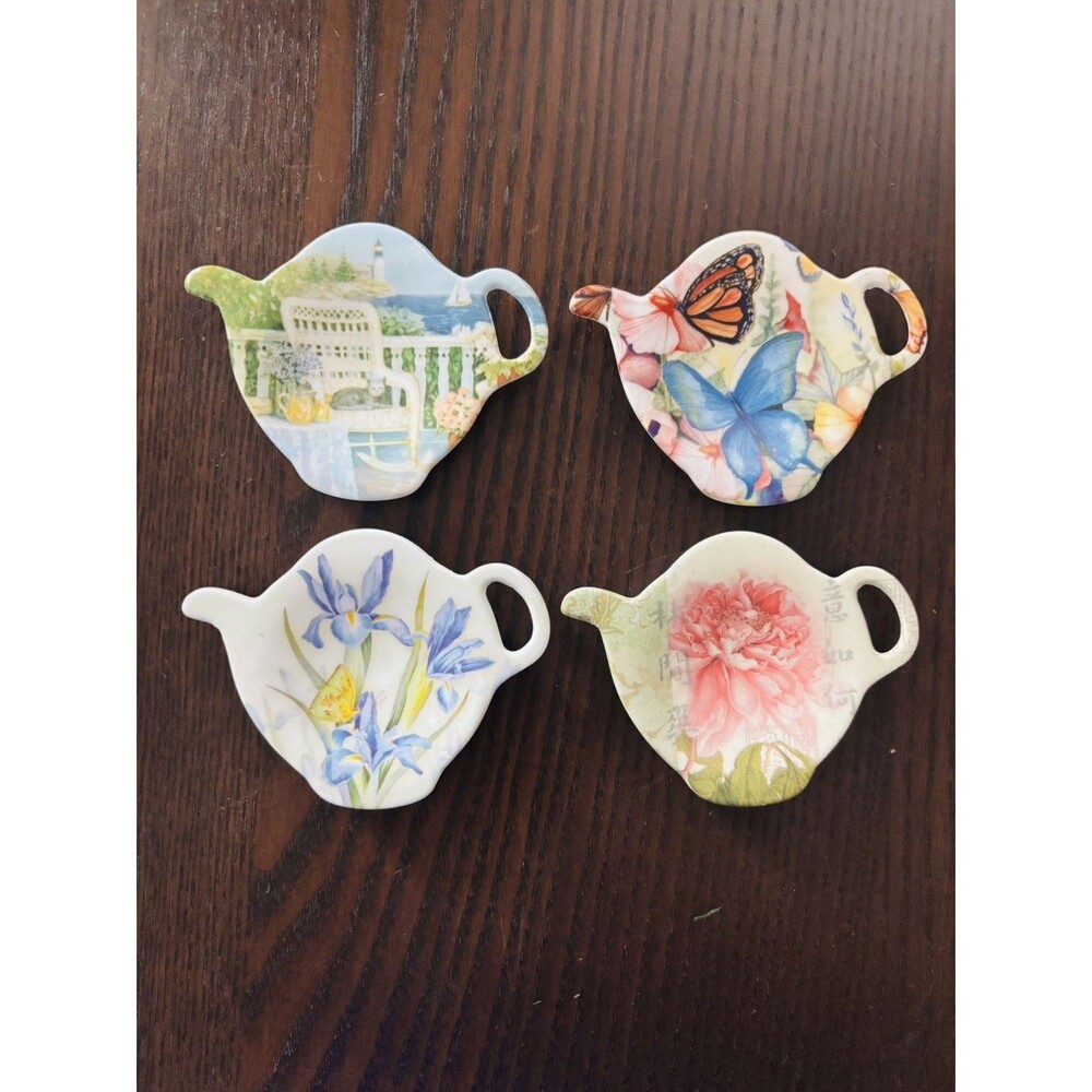 Set of 4 Melamine Teapot Tea Bag Holders Spoon Rests Made in Italy Floral